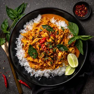 A vibrant array of color exudes from the dish, with the orange-hued curry permeated by white chunks of jackfruit and flecks of green Thai basil. It's served over fluffy jasmine rice in a sleek, black bowl with a bounty of color. A final dashing sprinkle of red chili flakes and a side of lime wedges completes the picturesque palate.