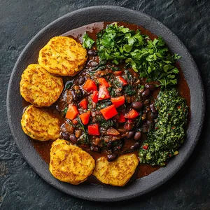 At the center of a matte stone plate, the dark, rich stew is pooled, flecked with vibrant chunks of red bell pepper and deep green spinach. The crisp yellow corn cakes are arranged charmingly around the stew, their sunny hue contrasting beautifully with the darker core. A vibrant blend of fresh greens nestles at the edge of the plate, the whole arrangement finished with a drizzle of striking green chimichurri.