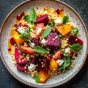 A vibrant mosaic of red and green hues, with jewel-like beet chunks and fresh herbs against a backdrop of the golden toasted couscous. The plate is garnished with dots of goat cheese, sprigs of mint and a drizzle of vinaigrette adding a tantalizing sheen.