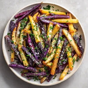 Viewed from above, you can see a tantalising mix of deep golden and purple hues, forming a vibrant colour contrast that is further punctuated by sprinkles of chopped vivid green herbs. Each crispy fry is generously dusted off with sea salt crystals that glimmer in the light. The whole dish is served on an elegant white ceramic platter, giving it a much-deserved pedestal.