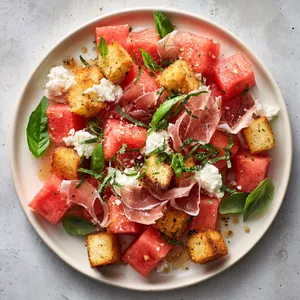 A vibrant yet rustic plate, shades of pink watermelon cubes next to crispy golden croutons, all splashed with pieces of lush green basil. Delicate tendrils of light pink prosciutto and white ricotta salata crumbles add contrasting texture against a backdrop of a glossy white platter.