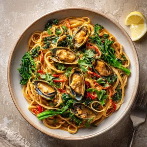 The eye would first meet the firm, glistening pieces of oyster, sitting prettily atop a bed of golden-brown linguine dressed in rustic peanut sauce. Flecks of vibrant, crisp greens & reds from the vegetables and fresh herbs break through the warmth of the pasta, livening the palette.