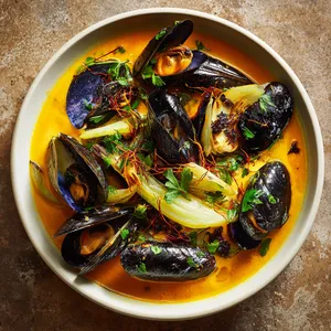 A glossy amber broth, speckled with deep orange strands of saffron, cradle plump mussels opened like blooming flowers. Nestled at the center are slices of charred fennel, adding a mild, sweet contrast against the vibrant dish. A sprinkle of chopped flat-leaf parsley freshens everything.