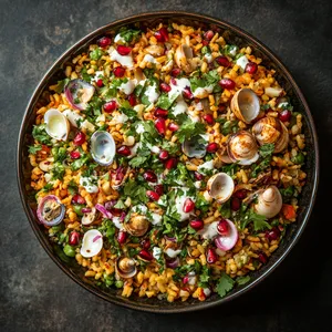 A vibrant blend of reds, greens, and whites sitting atop a bed of golden puffed rice. Jewel-like pomegranate seeds add a pop of color, while a drizzle of creamy cilantro-yogurt dressing lends a dreamy finish. Clams are peeking through this beautiful chaos, adding an unexpected coastal charm.