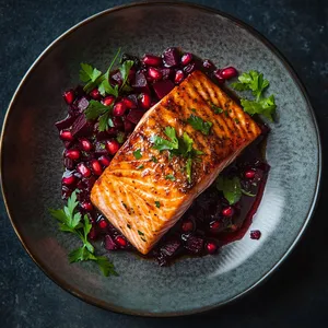 Vibrant curated plate featuring a bronzed salmon fillet with smokey caramelized edges resting peacefully atop a bed of vibrant beetroot-pomegranate relish that delivers a spectrum of colors – deep purples, Reds, and tiny pops of Ruby pomegranate seeds, sprigs of fresh parsley flanking the fillet to impart a burst of green. The dish vibrates with color and texture, making it an Instagram sensation.