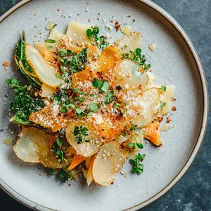 A colorful, textured mound of golden and green chunks, studded with deep caramel tones of roasted parsnip and bright bitter greens. Crispy, lacy Parmesan cheese crisps perched on top, dusted with a vibrant sprinkle of the microgreens. It's like a painting on a white plate, radiating warmth and coziness.