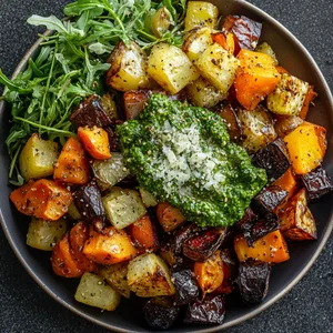 A palette of roasted vegetables in rich autumn hues, topped with an elegant swipe of green arugula pesto. Garnished with a sprinkle of nutty Parmesan and a handful of peppery arugula leaves.