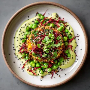 A warm pile of soft pumpkin quinoa sprinkled with freshly chopped herbs, beautiful pops of green peas and red shredded beetroot all over, subtly shining under the glossy coating of zesty lime-coconut sauce. A generous sprinkle of black sesame seeds tops everything with an elegant contrast.
