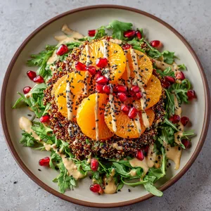 Vibrant colors fill your plate. Verdant arugula sits as the base, topped by a mound of warm quinoa, pomegranate seeds sprinkled around, adding pops of ruby red. Slices of bright orange persimmons and clementines rest artfully atop the quinoa, their hue reminiscent of a winter sunset. All of this is generously drizzled with a creamy miso-tahini dressing, and garnished with a sprinkle of black and white sesame seeds.