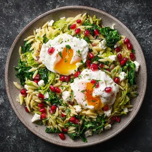 A serving of glistening, warm orzo mixed with bright green escarole, dots of tangy feta, and garnished with ruby-red pomegranate seeds. Nestled on top are two perfectly poached eggs with vibrant yolks just waiting to spill upon breaking. The dish is completed with a sprinkle of aromatic winter herbs.