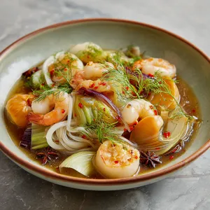 A vibrant round porcelain dish holds a colorful array of seafood: pink and white shrimp, lush orange sea scallops, green fennel fronds, and contrast of opaque white noodles. Glistening with the sheen of a fragrant soy-based sauce, specks of red chili flakes and shards of star anise float, adding a hint of visual drama.