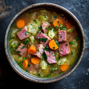 The dish looks warm and inviting, with alternating hues of green from the cabbage and the vibrant orange carrots. Chunks of pink corned beef float on the surface, adding an earthy tone to the dish, while sprinkles of vibrant green parsley add a dash of color.