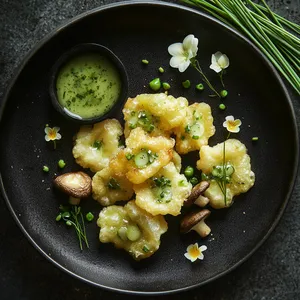 Visualize a beautifully scattered mosaic of light golden tempura on a shiny, flat black plate. The tempura's crispy exteriors encase deep-green leek rings and earthy brown wild mushrooms. Droplets of vibrant green chive dipping sauce artfully dot the canvas, while delicate chive flowers add a pop of color.