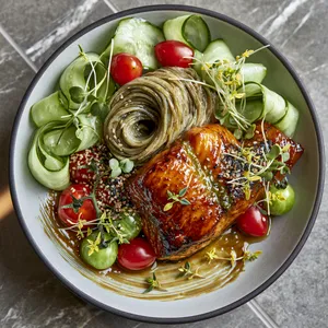 From above, a shallow bowl shows a neat twirl of chilled soba beside a lacquered salmon fillet gleaming amber-brown, surrounded by pale green cucumber ribbons, jewel-like cherry tomatoes, sesame seeds, microgreens, and tiny lemon thyme leaves over a brushstroke of glossy sauce.