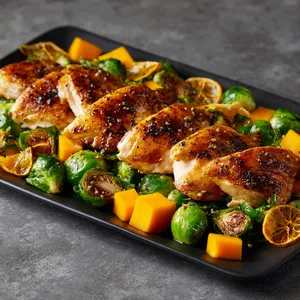 A sleek black serving platter features beautifully golden-brown roasted chicken cuts, nestled among a bed of vibrant green Brussels sprouts and cubes of stunningly bright orange pumpkin. The dish glimmers subtly from the caramelized yuzu sauce that has formed a gentle glaze over its surfaces, with hints of charred edges for contrast. A couple of softly amber yuzu slices linger around the corners, completing the spectacle.