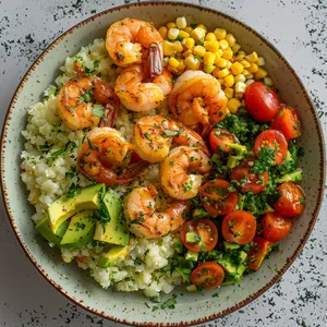 From above, you'd notice plump and juicy shrimps glazing in the bright orange hue of jalapeno-citrus marinade, nestled atop a bed of green cilantro-infused cauliflower rice. The vibrant corn-avocado salad punctuated with ruby red cherry tomatoes dances as an exciting contrast on the side. The dish presents a diverse canvas of colors inviting you to dig in.