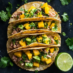 The tacos hold layers of lime-green avocado, chunky mango bits in vibrant orange and heavens of pinkish-white tuna flakes, all of which are garnished with dark green cilantro. A slice of lime rests on the side, ready to be squeezed atop. The tortillas are crisp golden and lightly charred at the edges, adding a rustic appeal.