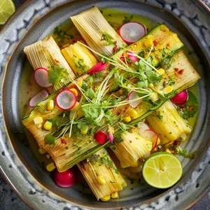 From above, the dish showcases the vibrant yellow of corn tamales, peeping through the unwrapped corn husk. The garnish: thinly sliced radishes shimmer with a hint of lime, and microgreens lay artistically scattered. The sauteed zucchini blossoms, with their gentle orangish-yellow tint, sit atop these, looking like the stars they are.