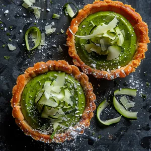 Two individual tartlets with a radiant orange crust asking to be cracked into, revealing the vibrant green, smooth zucchini brigadeiro. They are garnished with light dusting of powdered sugar, shavings of white chocolate, and vibrant green shreds of zucchini. The camera captures the ripples on the once smooth brigadeiro surface and the pristine white shards on top.