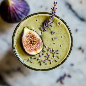 A vibrant creamy green smoothie beautifully garnished with half of a purple fig on the side, a sprig of lavender on top, sprinkled lavender flowers and drizzled with the golden glow of honey. Served in a tall, clear glass to show off its stunning layers.