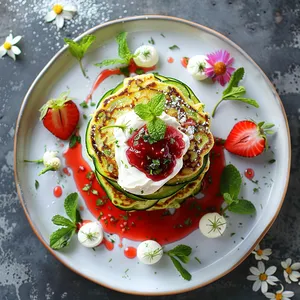 Two lightly golden pancakes stacked slightly askew show spirals of green zucchini tucked within. A vibrant red dollop of strawberry compote sits atop, trickling down the sides, mingling with dollops of creamy white. A fresh strawberry slice rests on the cream, while the plate features scattered mint leaves and edible flowers in beautiful pops of color against a crisp white plate.