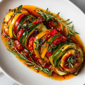 A visual delight with golden roasted zucchini rounds layered in vivid patterns with strips of bell pepper, in a luscious tomato sauce, garnished with sprigs of fresh herbs.