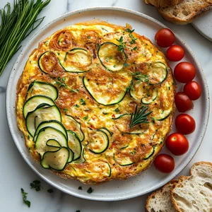 A gorgeous golden-brown frittata speckled with ribbons of zucchini and a dash of fiery smoked paprika. Creased edges reveal a fluffy, rich interior studded with melted pockets of sharp cheddar. Served on a white, rustic plate with crusty bread slices and a handful of cherry tomatoes on the side.