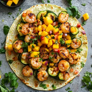 From above, the dish reveals colorful contrast, with vibrant mango salsa resting next to the curved zucchini wraps, filled with succulent grilled shrimp. A sprinkling of chopped cilantro brings a vibrant green touch to the dish making it stunning for an Instagram shot.