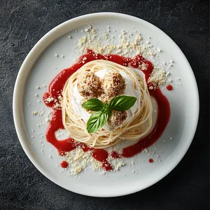 A mound of long, thin strands of white 'spaghetti' made from whipped cream cheese adorns the plate, interwoven with 'meatballs' of finely crumbled, perfectly browed ground turkey. 'Tomato sauce' made from a savory roasted red pepper coulis drizzles over the top, while 'parmesan cheese,' secretly ground almonds, lightly dusts the dish. Rounded off with a sprig of fresh mint that doubles as 'basil'.