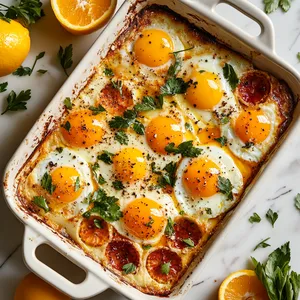 The dish should look rustic yet vibrant, with the pale baked celery root contrasting with the white and yellow of the baked eggs, all covered with a red-orange harissa drizzle and dotted with green herbs. The vibrant oranges and lemons aside, add punches of color.
