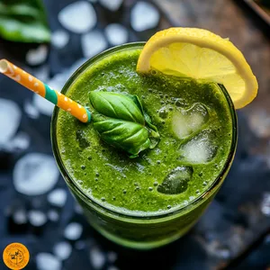 The smoothie presents a vibrant green color, crushed ice on top, garnished beautifully with a basil leaf and a slice of lemon on the rim. An eco-friendly, colorful straw matches the overall vibe.