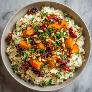 A feast of colors greets the eyes with chunks of red sun-dried tomato and orange butternut squash piercing through the creamy white cauliflower risotto. It's topped off with a sprinkling of dark green chopped parsley and slightly browned, gleaming pine nuts.