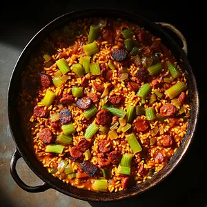 The dish comes to life in a rustic earthen paella pan, with a top-view revealing glossy saffron tomato sauce pooling in the nooks of the paella. In the sunlit orange palette of the rice, bright green celery and dark, smoky chorizo pop out invitingly.