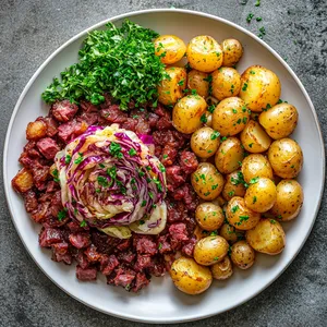 From above, you'll see a vibrant plate of food that is a sight to behold. The radioactive look of the corned beef hash in the center next to the elegant, cabbage arranged like a rose in a deep green circle. Around this, golden baby potatoes glisten with the sheen of the Guinness glaze. Freshly chopped green sprigs of parsley are sprinkled across the whole plate for an added pop of color.