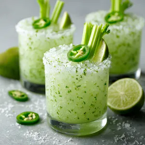 An icy, frothy greenish cocktail with vibrant, fresh celery stalk stirrers protruding from each glass. Visible flecks of jalapeno and lime zest give off a zesty appeal. The rim of each glass being salted gives a stark white contrast, and a thin slice of lime and a small jalapeno top sit on the rim for added pop.