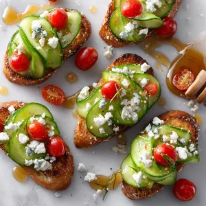 Beautiful bite-sized crispy breads generously topped with vibrant green cucumber strips, sprinkled with silky white feta crumbles, popping red cherry tomatoes and a drizzle of clear honey.. The overall look is fresh, vibrant, and mouth-wateringly appetizing.