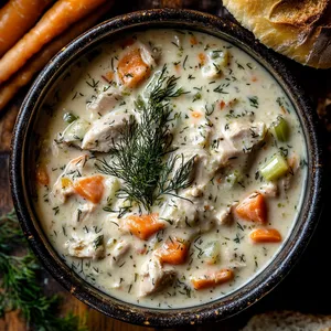 A vibrant, creamy soup with flecks of bright green dill and tender chunks of chicken. Carrots and celery provide colorful contrast, and the steam rising warms the view. The bowl, resting on a rustic wooden table, is garnished with a sprig of dill on top, and a crusty bread roll casually resting on the side.