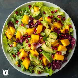 Viewed from above, the salad presents a beautiful play of colors: the bright orange of mangoes, the deep green of avocados, and the charred yellow of corn. Mix of purple and green lettuce pieces peek through, with a scattering of pomegranate seeds providing pops of red. All is brought together with a glossy garlic-infused citrus dressing.