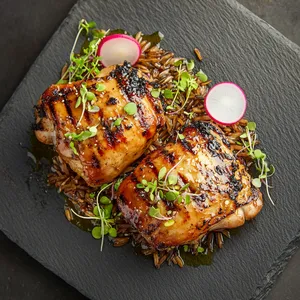 Two juicy, golden-brown grilled chicken thighs glazed with an amber-hued rhubarb sauce, adorned with tiny green micro herbs and thin radish slices. The chicken rests on a background of steamed wild rice. The serving dish is a rustic slate tile enhancing the colors of the food.
