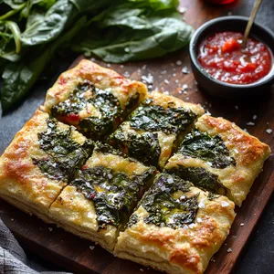 A thick, warm focaccia loaf with a golden-brown crust, cut open to reveal a rich, green chard filling. Olive oil drizzles on top glisten against the light, sprinkles of flaked sea salt adding a shimmering contrast. Fresh chard leaves garnish the board, next to a small pot of marinara sauce for an extra splash of vibrant red and added flavor.