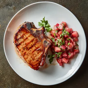 A richly glazed, golden-brown pork chop lies at the center of a crisp white plate. On one side, a vivid, ruby-red mound of rhubarb chutney pops, its pieces clearly visible. A smattering of fresh, green herbs adds another burst of color.