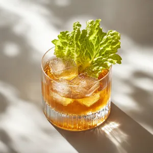A crystal-clear cocktail glass that carries a beautiful amber-colored liquid, garnished with a delicate fan of fresh lettuce leaf on its rim. The cocktail's radiance is further accentuated by a couple of glacier ice cubes glistening within. It imparts a feel as refreshing and invigorating as mild spring itself.