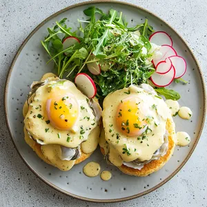 A vibrant plate featuring two golden biscuits topped with lightly poached eggs and oysters, bathed in a creamy champagne sauce. The eggs ooze a soft, magic yellow providing a wonderful contrast to the pale sauce. A lively spring salad decorated with thin radish slices and cucumber ribbons sits to the side, while a drizzle of vinaigrette glimmers on the plate.