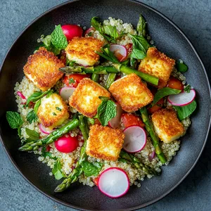 From above, you'll see golden cubes of fried halloumi cheese served over a bed of fluffy, well-seasoned quinoa. Pops of vibrant green asparagus, ripe cherry tomatoes, and thinly sliced radishes provide a beautiful color contrast. The meal is drizzled with a light lemon-mint dressing, and garnished with fresh mint leaves.