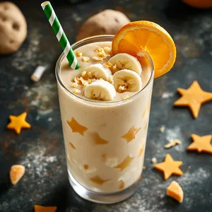Served in a transparent tall glass, the smoothie has an appealing light tan color, while fresh orange slices, soft banana stars, and a drizzle of honey on top add a pop of bright and warm tones. A green striped straw pokes out, creating a fun, contrasting detail.