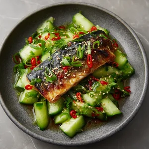 A photogenic plate that boasts the harmonious clash of colors. The sizzling mackerel has a crispy, golden edge that contrasts with its soft, juicy interior. This sits on a bed of vibrant green cucumber salad, speckled with red chili flakes. A sprinkle of white sesame seeds and finely chopped spring onions top off the dish, giving it an aesthetic pop.