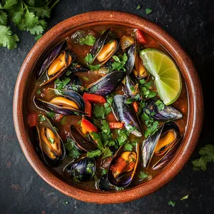 From above, you see beautifully cooked mussels arranged in a decorative pattern amid a vibrant broth. The deep reds of the chipotle and the bright greens of the vegetables make for a striking contrast, with sprinkles of fresh cilantro and thin lime wedges on top, adding a burst of color. Everything served in an artisan earthen pot adding an element of rustic allure.