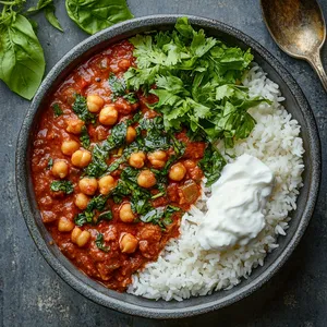 A deep red, rich curry sits at the center of a grey stoneware bowl, garnished with a scatter of vibrant green chopped sorrel. Alongside, a serving of fluffy basmati rice forms a half moon, and a small mound of tangy, white yogurt adds a contrasting touch. Lush green sorrel leaves and a rustic spoon on the side complete the scene.