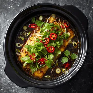 Imagine a vibrant, golden trout fillet seasoned with dark, appealing Vietnamese caramel sauce, garnished with fresh, green cilantro, red chilies, and scattered white rings of spring onion, placed on a contrasting glossy black platter.