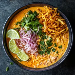 From above, the golden-hued coconut curry soup is in a deep cerulean bowl. Sides of the dish are adorned with vibrant greens of lime wedges and thinly chopped coriander. The rosy red onions add a splash of color while crispy noodles crown the top.